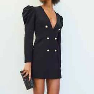 BARDOT Black Gold Button Britt Long Puff Sleeve Plunge Blazer Mini Dress 12 ~ XL